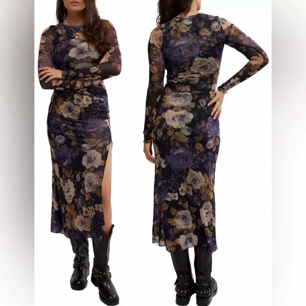 NEW Free People Gianni Maxi mesh Dress in Denim Combo Sz XS